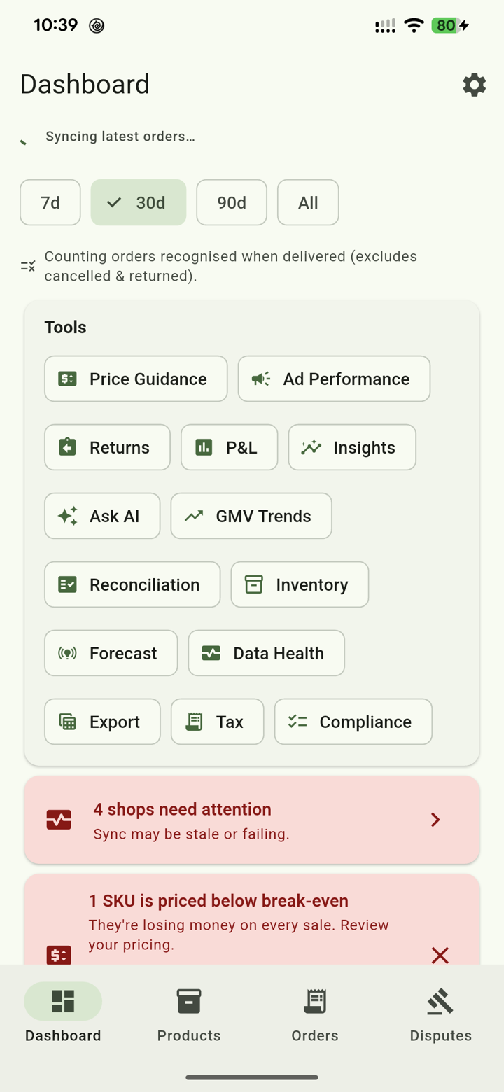 Hoseh Seller dashboard on Android — profit tools across every shop